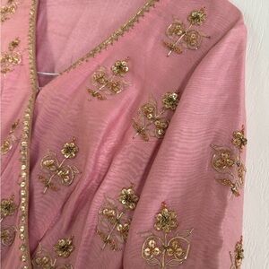 Beautiful peachy pink Chanderi Anarkali floor length with Zardozi Aari handwork